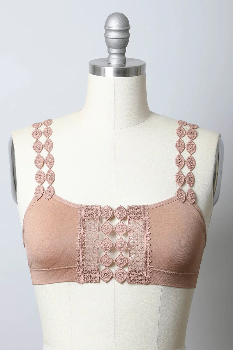 Pink Lace Applique Bralette showcases Bohemian Eye Lace design and crochet trim