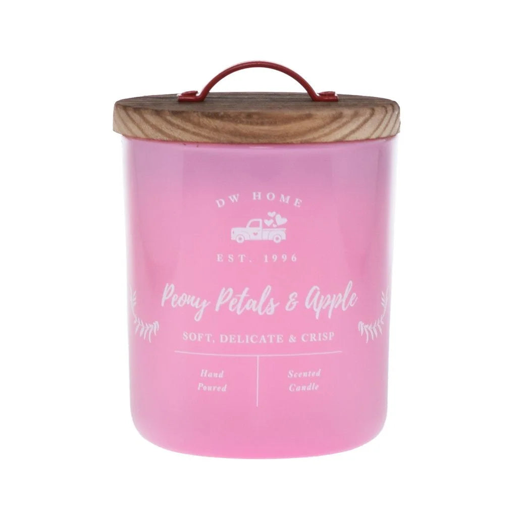 Pink Peony Petals & Apple Candle featuring a wooden lid and handle for elegant decor