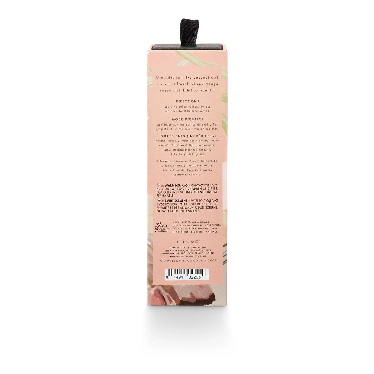 Pink-colored coconut milk mango petite perfume spray packaging with black ribbon
