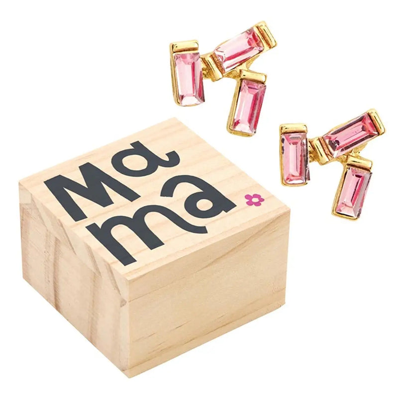 Pink gemstone treasure box earrings displayed in a wooden box for the TREASURE BOX EARRINGS - BLUSH - MAMA product