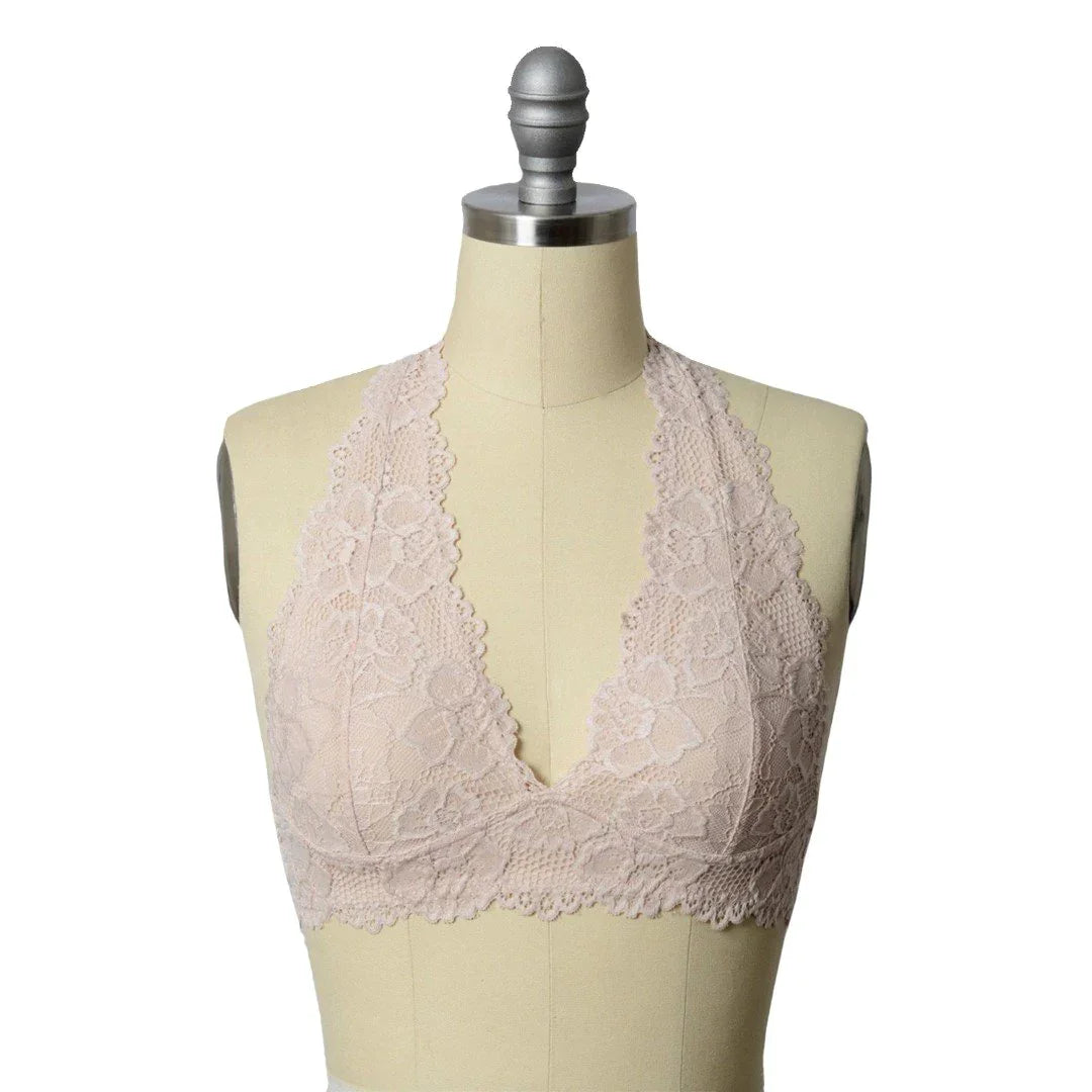 Pink lace halter bralette featuring an elegant lace pattern for a stylish look