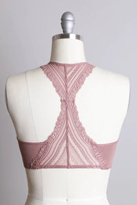 Pink halt neck top with lace pattern for seamless front lace racerback bralette