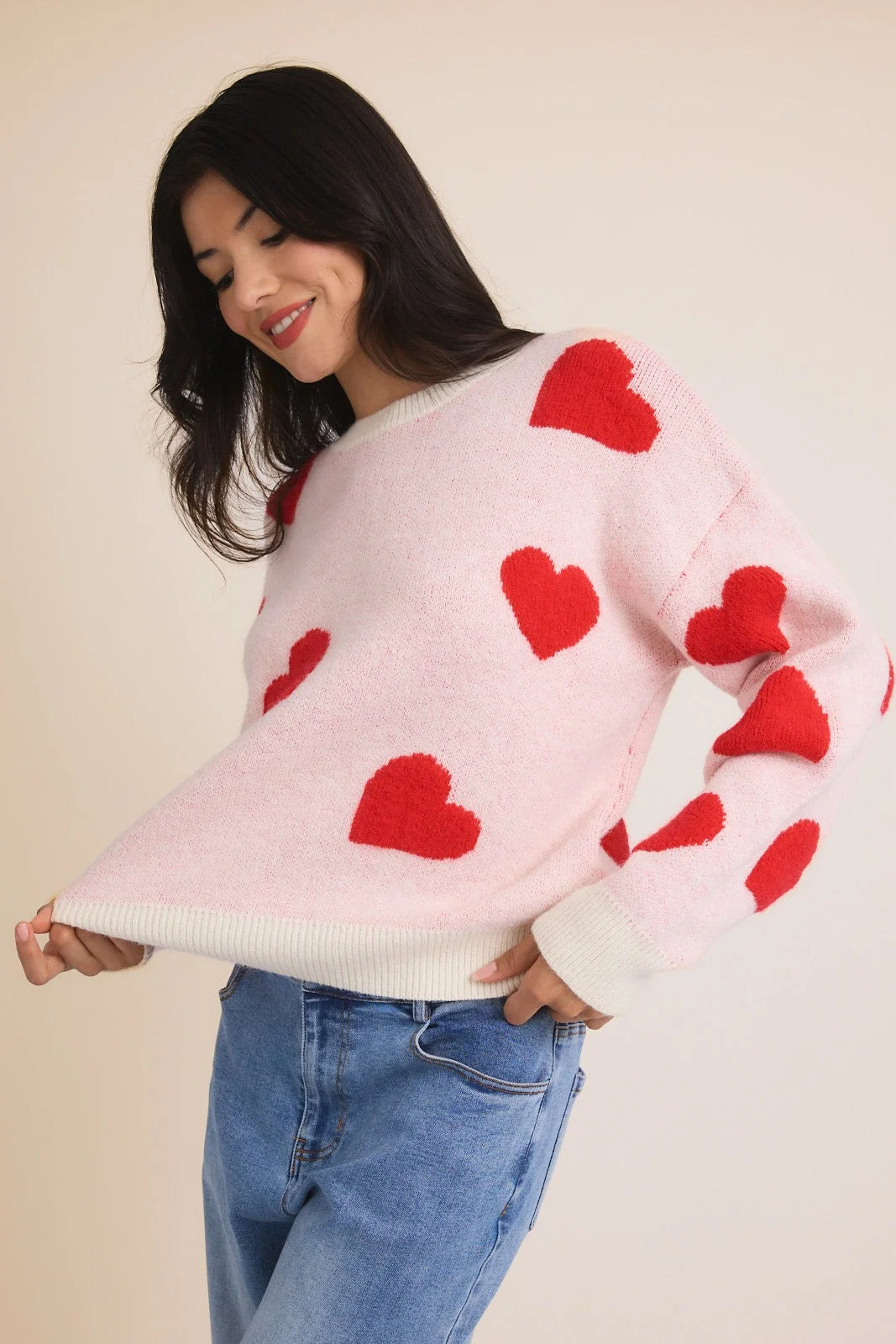 Pink knit ROUND NECK LONG SLEEVE HEART SWEATER for women’s boho chic clothing at Shop Daisy