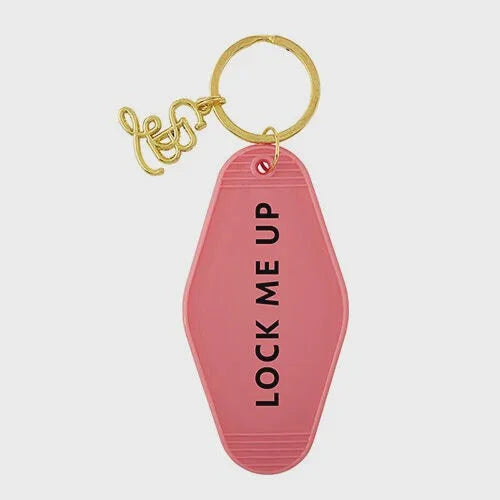 Pink retro LOCK ME UP Vintage Key Tag on a gold keyring for a stylish boho key chain