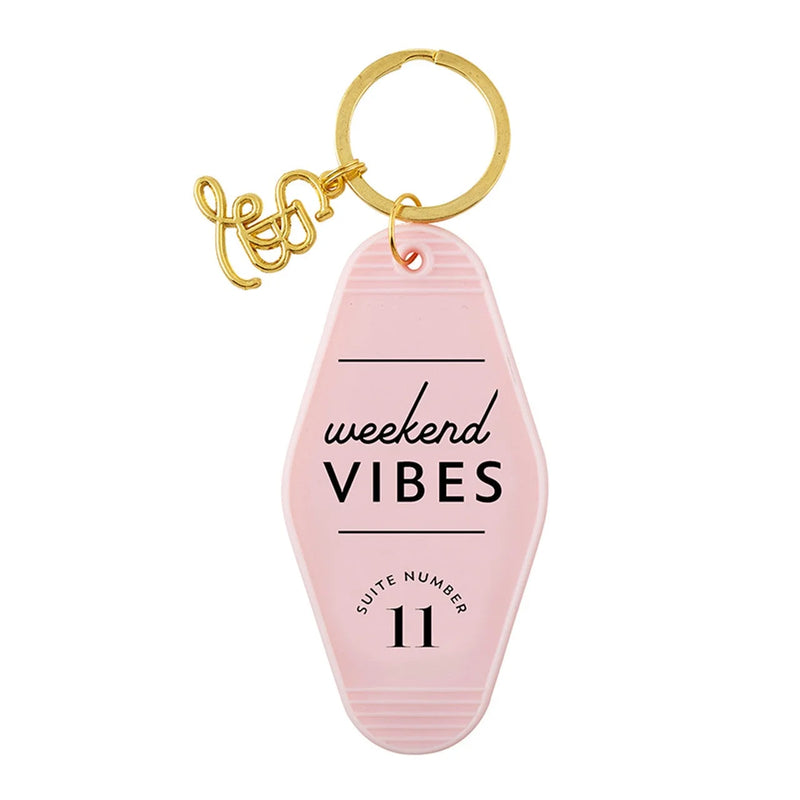 Pink retro key chain with weekend VIBES design, perfect for vibes motel style lovers