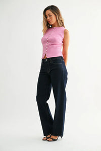 Pink ribbed knit sleeveless top with low rise stretch straight denim