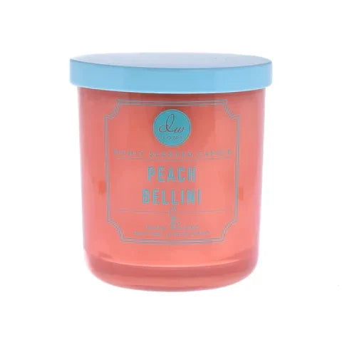 Pink scented Peach Bellini Candle in a glass jar with a blue lid, a fragrant delight