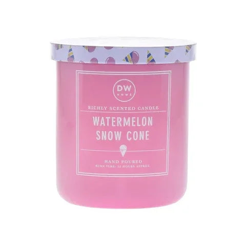 Pink scented Watermelon Snow Cone candle in glass jar with label design