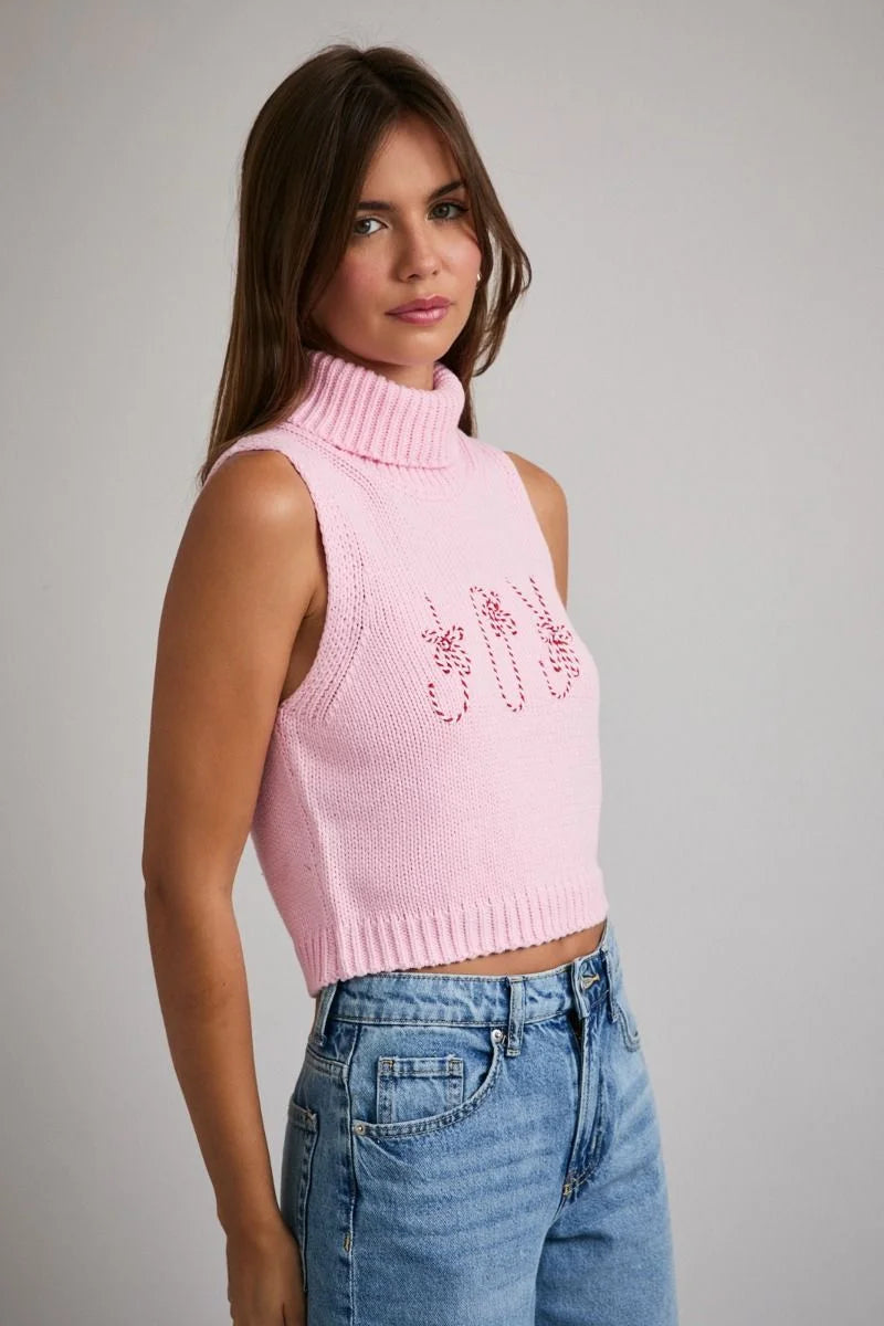 Pink turtle neck sleeveless cropped Joy Top with sequin jade knit design