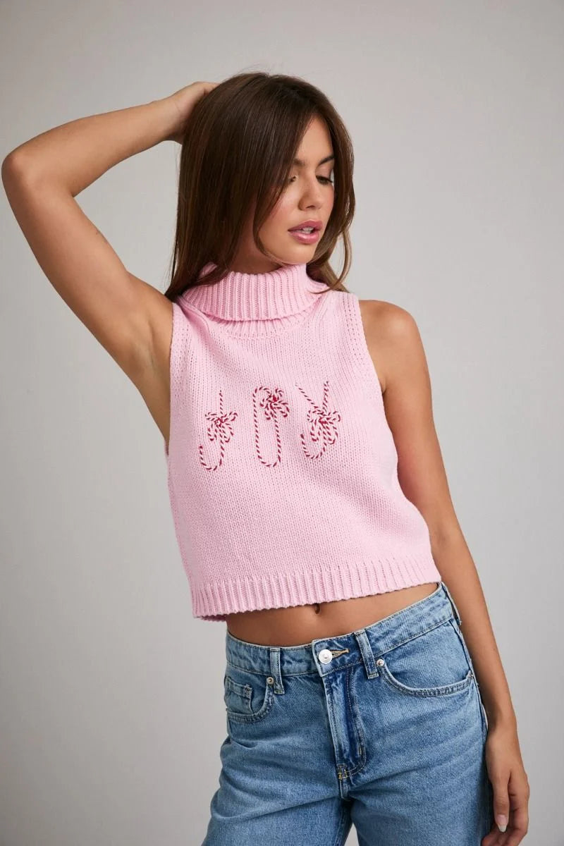 Pink turtle neck sleeveless cropped sweater with sequin palm tree design, Urban Outfitters