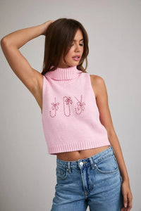 Pink turtle neck sleeveless cropped sweater with sequin palm tree design, Urban Outfitters