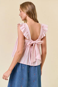 Pink striped ruffle cap sleeve top with back tie, perfect for women’s boho chic clothing from Shop Daisy