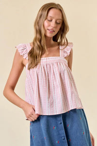 Pink striped ruffle cap sleeve top from Shop Daisy women’s boho chic clothing collection