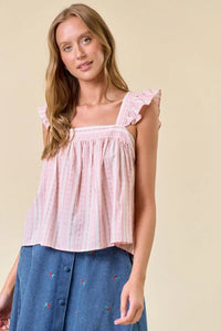 Pink striped square-neck top with ruffle cap sleeves from Shop Daisy women’s boho chic clothing
