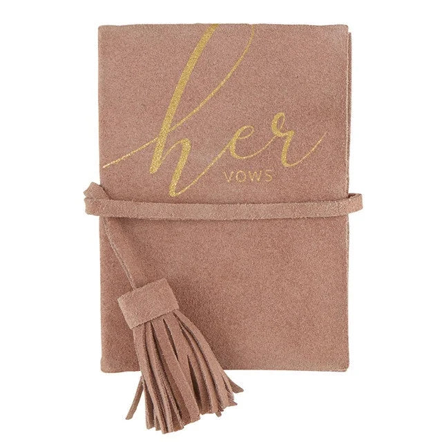 Pink suede leather vow book with tassel, ideal for women’s boho chic clothing. Shop Daisy
