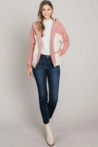 Pink and white color blocked soft brushed matte woven hoodie jacket with front zipper