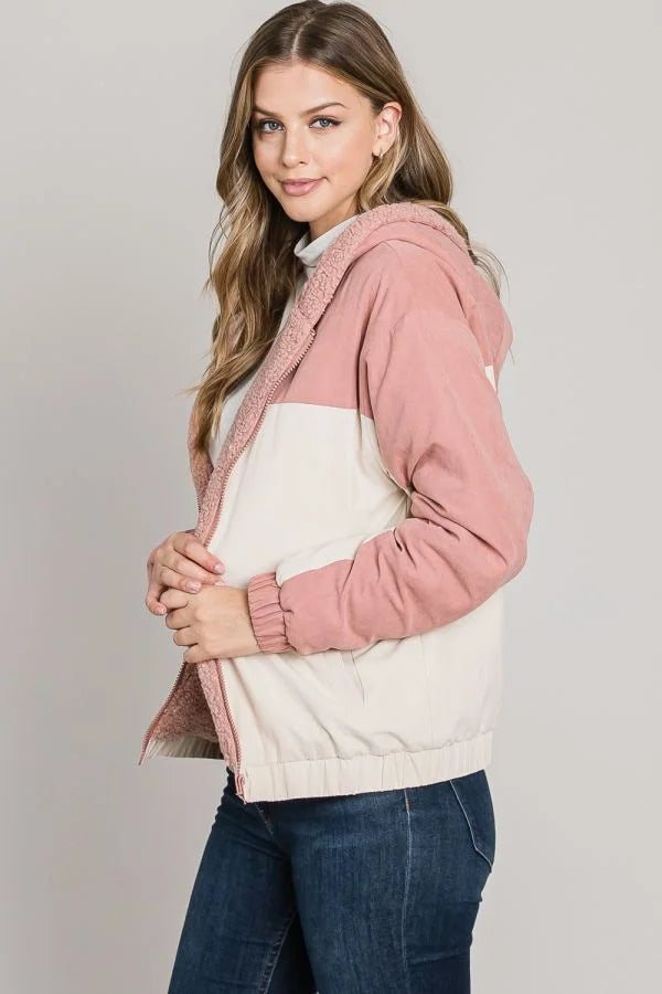 Pink and white soft brushed matte woven hoodie jacket with a hood