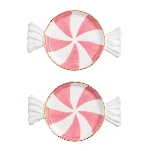 Pink and white peppermint candy tidbit plate with gold trim