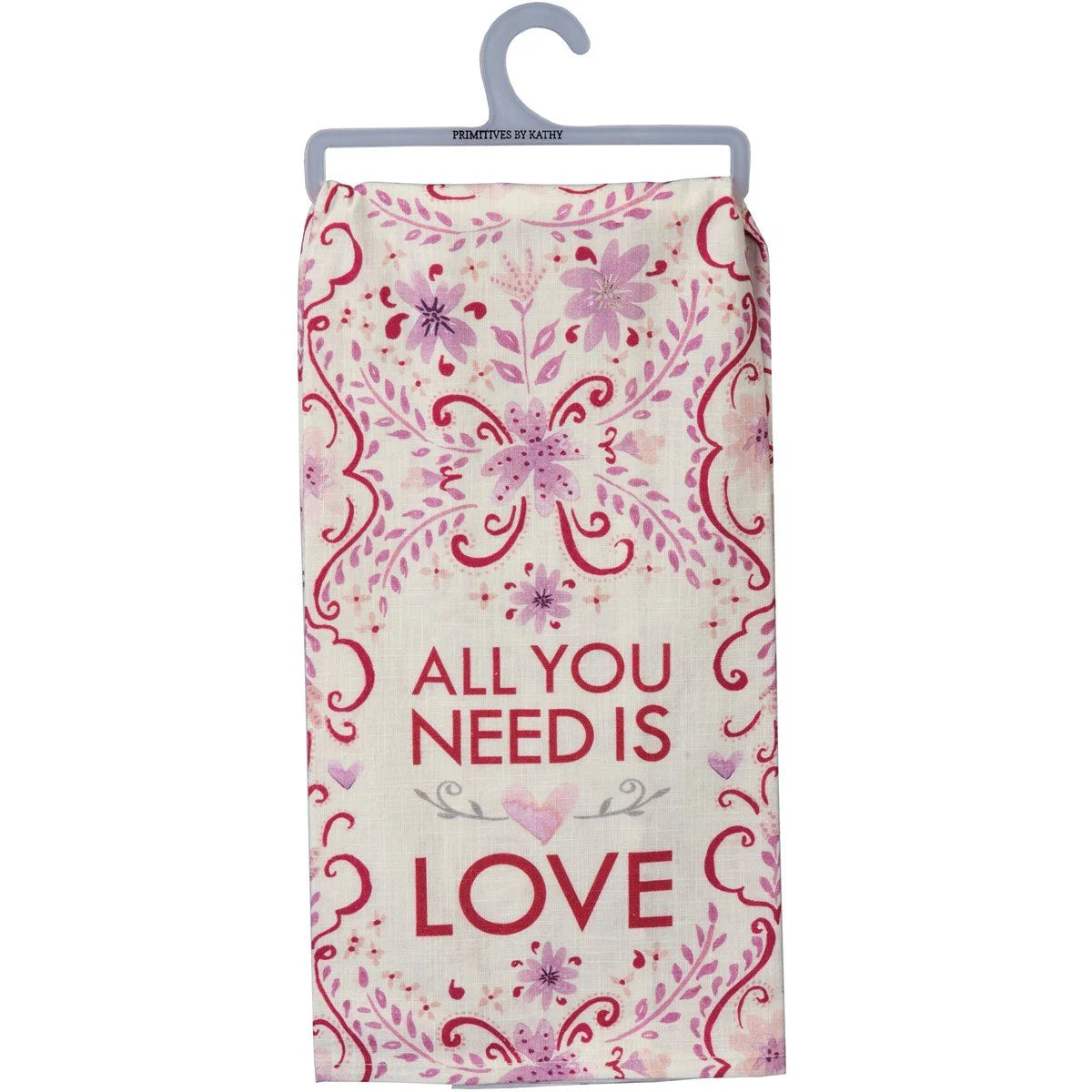 Pink and white floral design on All You Need Is Love dish towel for kitchen décor