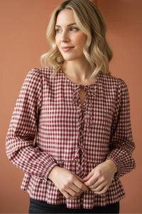 Burgundy cream long sleeve bows closure blouse with ruffles