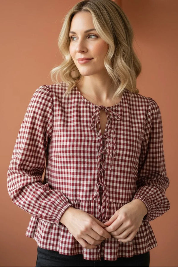 Burgundy cream long sleeve bows closure blouse with ruffles