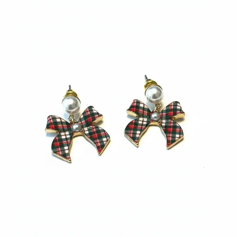 Christmas Plaid Bow Earrings with Pearl Accents and Gold Hardware