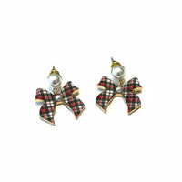 Christmas Plaid Bow Earrings with Pearl Accents and Gold Hardware