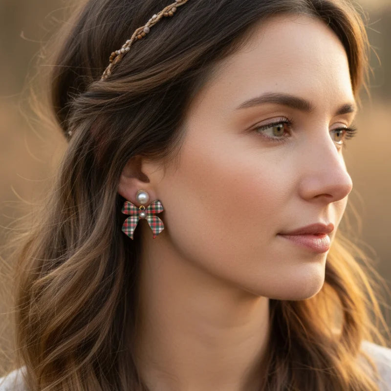 Christmas Plaid Bow Earrings with Brown White Fabric Pearls
