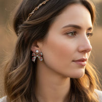 Christmas Plaid Bow Earrings with Brown White Fabric Pearls