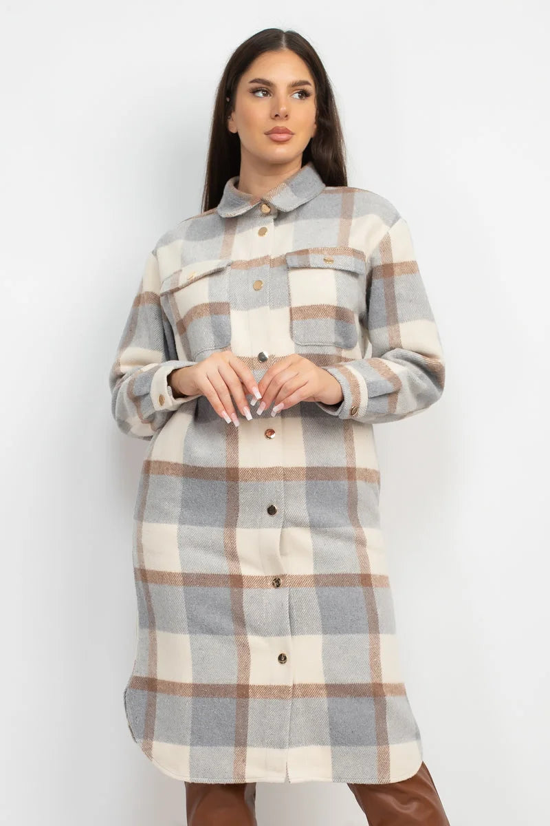 Plaid button-down shirt dress in neutral beige, brown and gray tones.