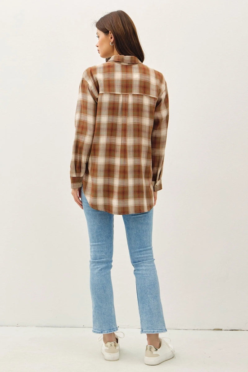 Classic oversized flannel top styled with blue jeans and white sneakers