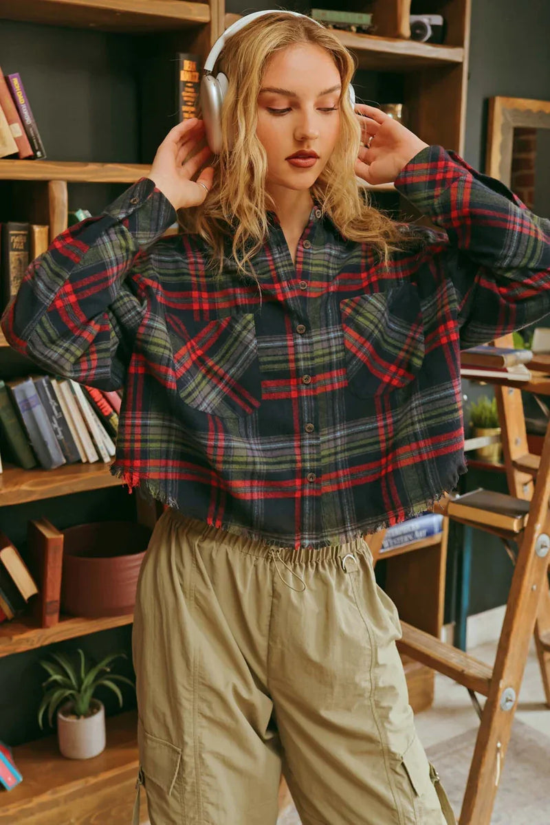 Blonde woman wearing CORY Cropped Plaid Button-Down Shirt in red and green pattern