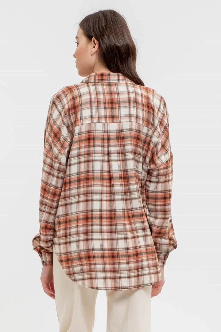 Plaid flannel long sleeve button down shirt worn by a person from behind