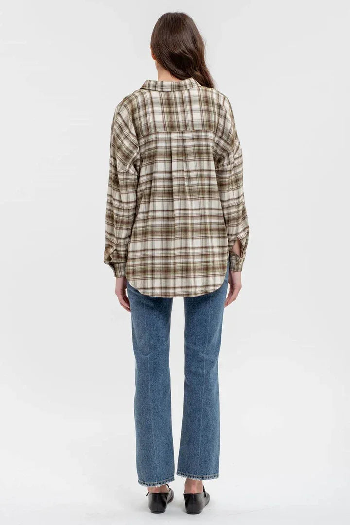 Plaid flannel long sleeve button down shirt worn over blue jeans from the back