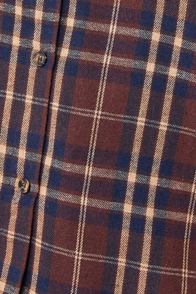 OVERSIZED PLAID SHIRT TOP featuring a brown, blue, and white checkered pattern