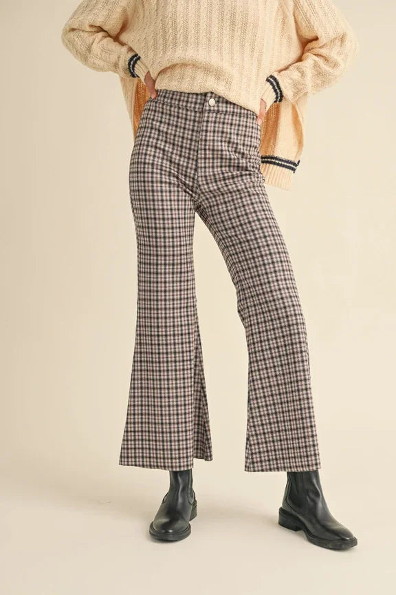 Plaid pattern flare pants showcasing a stylish high-waist design and elegant flair