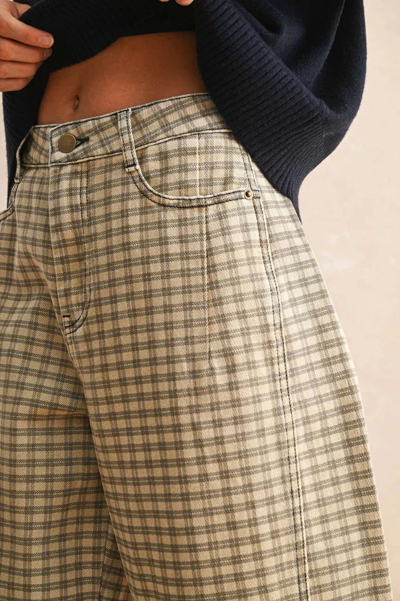 Mini checker pattern high-waisted plaid barrel pants in neutral textured fabric