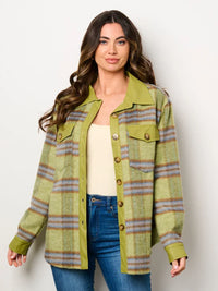 Plaid overshirt in green and purple, featured as a long sleeve button checkers print jacket