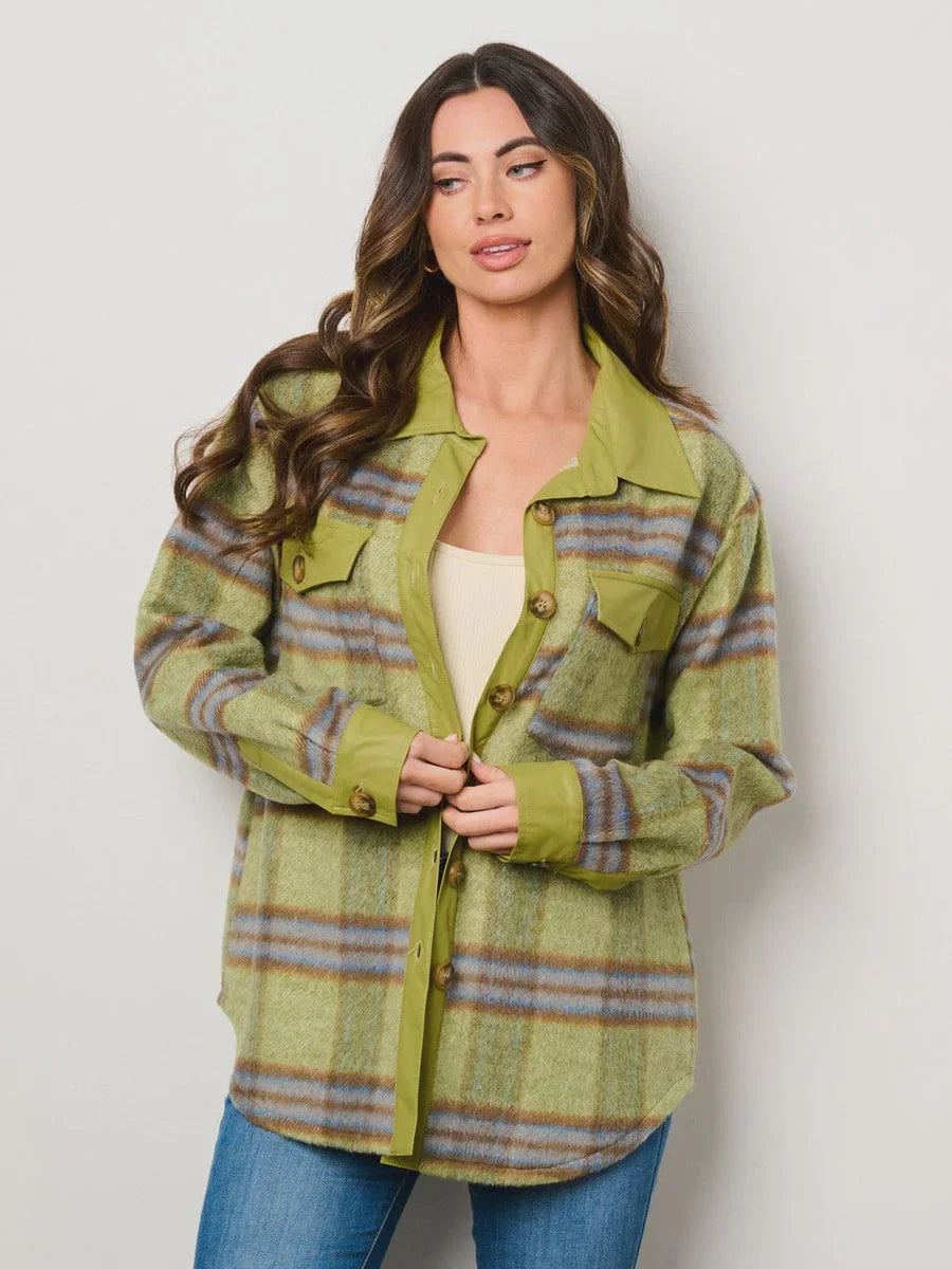 Plaid long sleeve button up checkers print jacket in green and gray with pockets