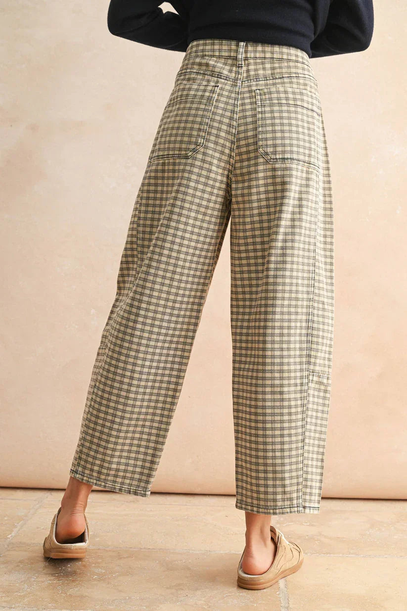 Mini checker pattern barrel pants in beige brown woven fabric