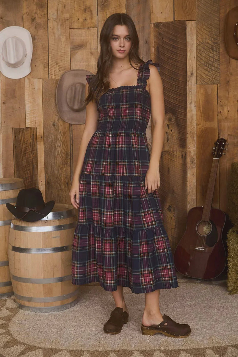 Plaid smocked tiered midi dress with flattering smocked bodice and ruffled straps