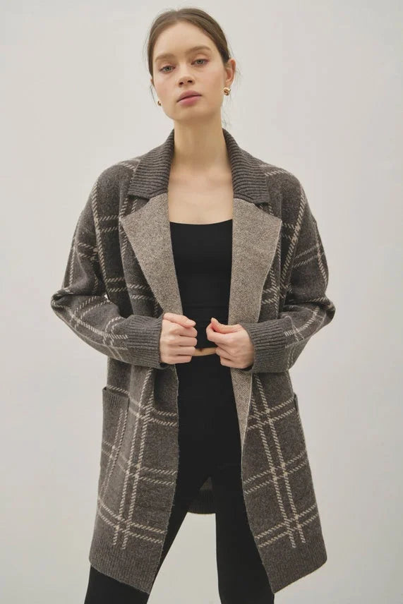 Plaid jacquard open coatigan in neutral gray, beige, white, black, brown tones