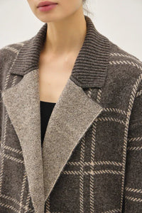 Plaid jacquard open coatigan in wool with ribbed collar and neutral tones