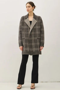Plaid jacquard open coatigan with wool lapels and pockets on gray background