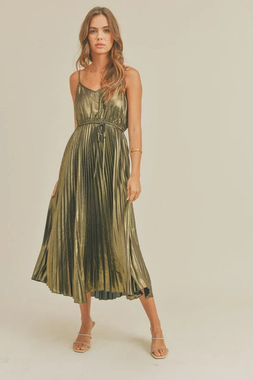 Pleated metallic olive-green midi dress with spaghetti straps for stylish elegance