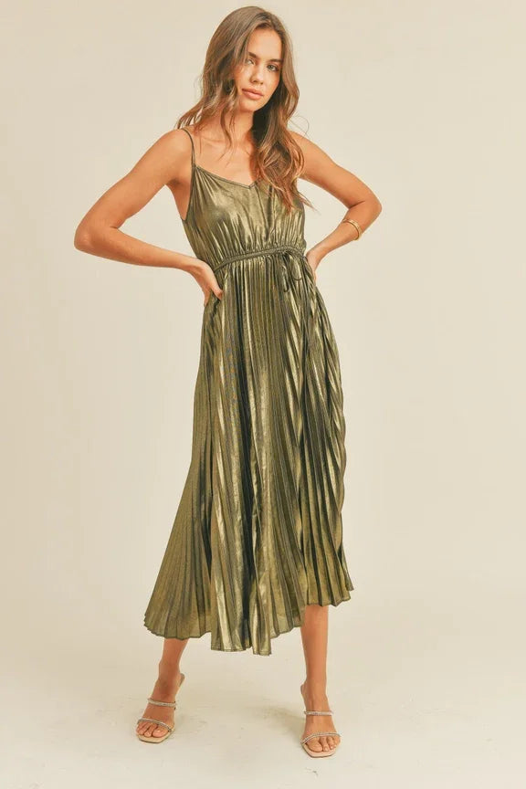 Pleated olive-green metallic midi dress with spaghetti straps, perfect metallic pleated dress