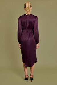 Plum-colored silk LONG SLEEVE SURPLICE MIDI DRESS, perfect as a formal dinner dress