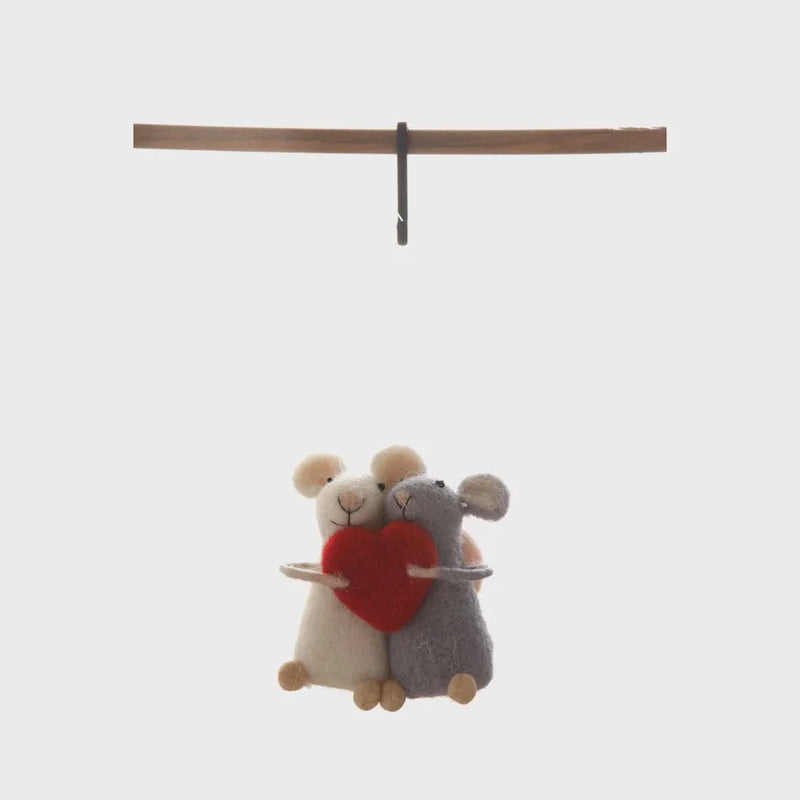 Wool felt mice couple embracing and holding a red heart ornament in plush design