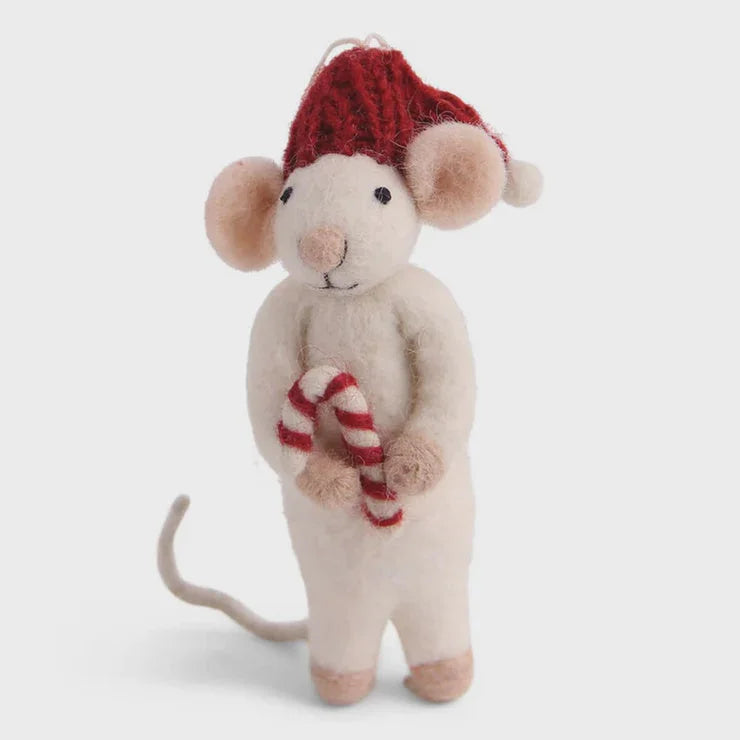 Handmade mouse candy cane ornament with red knit hat and cream fur