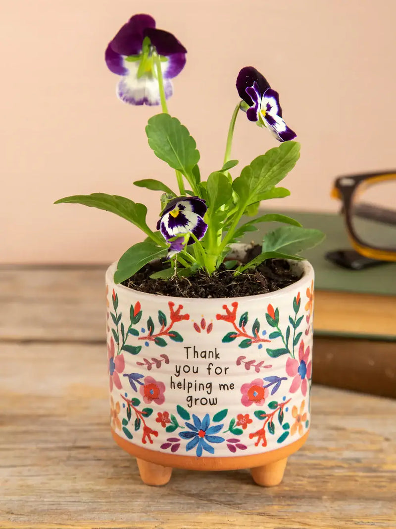 Potted pansies in floral ceramic planter with thank you message, perfect for women’s boho chic clothing style